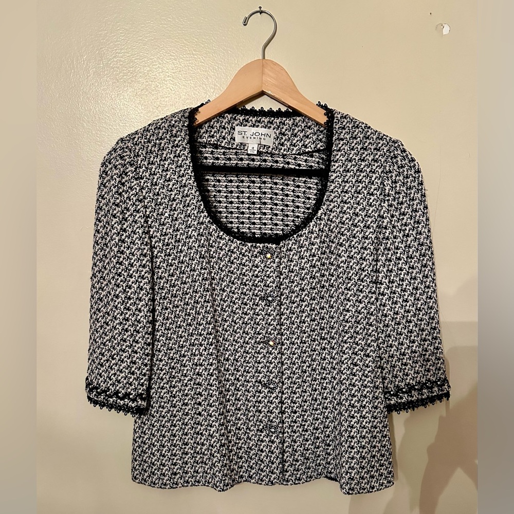 St John three quarter sleeve jacket with iridescent thread and dressy buttons.